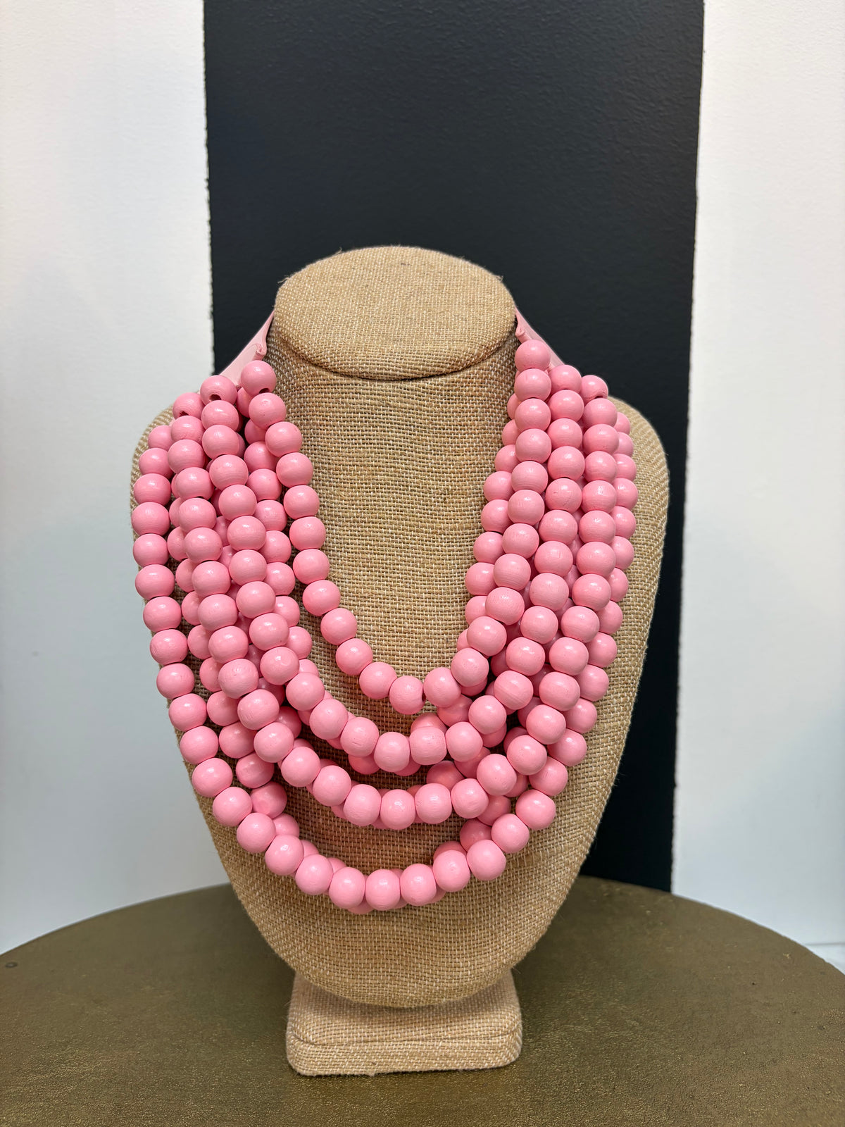 Light Pink Wood Bead Multi Strand Bib Necklace