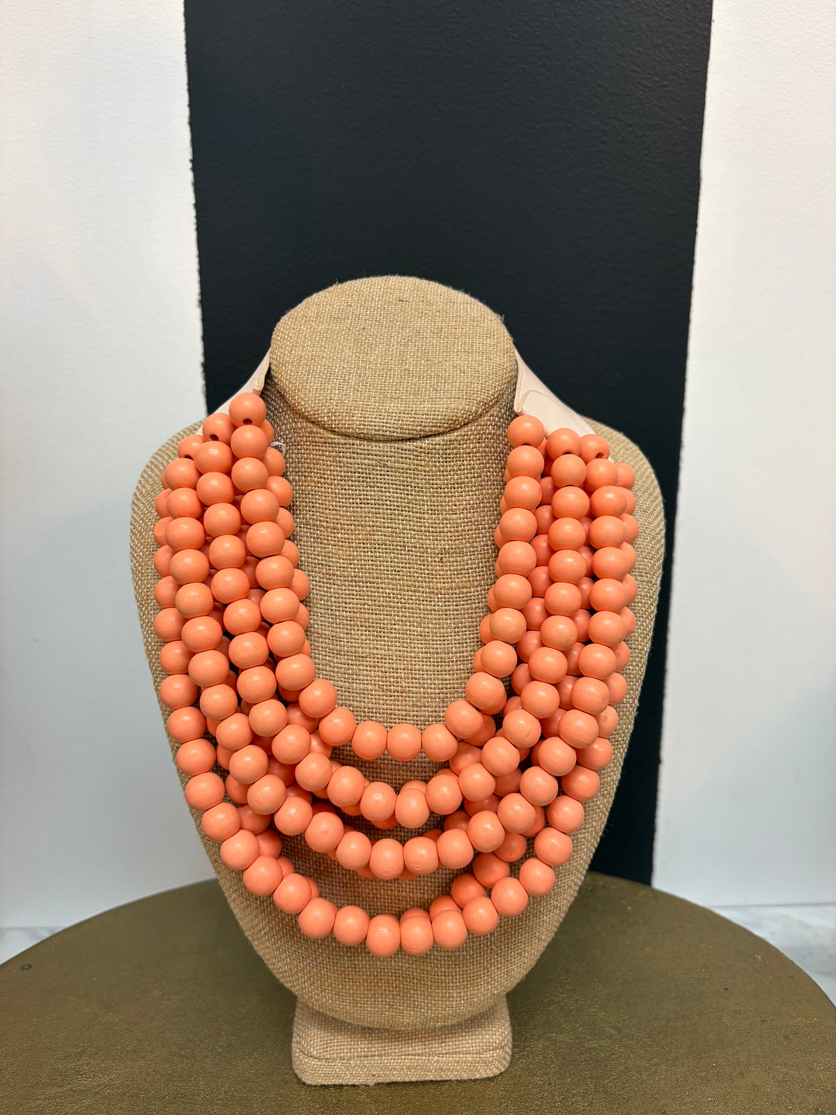 Peach Wood Bead Multi Strand Bib Necklace