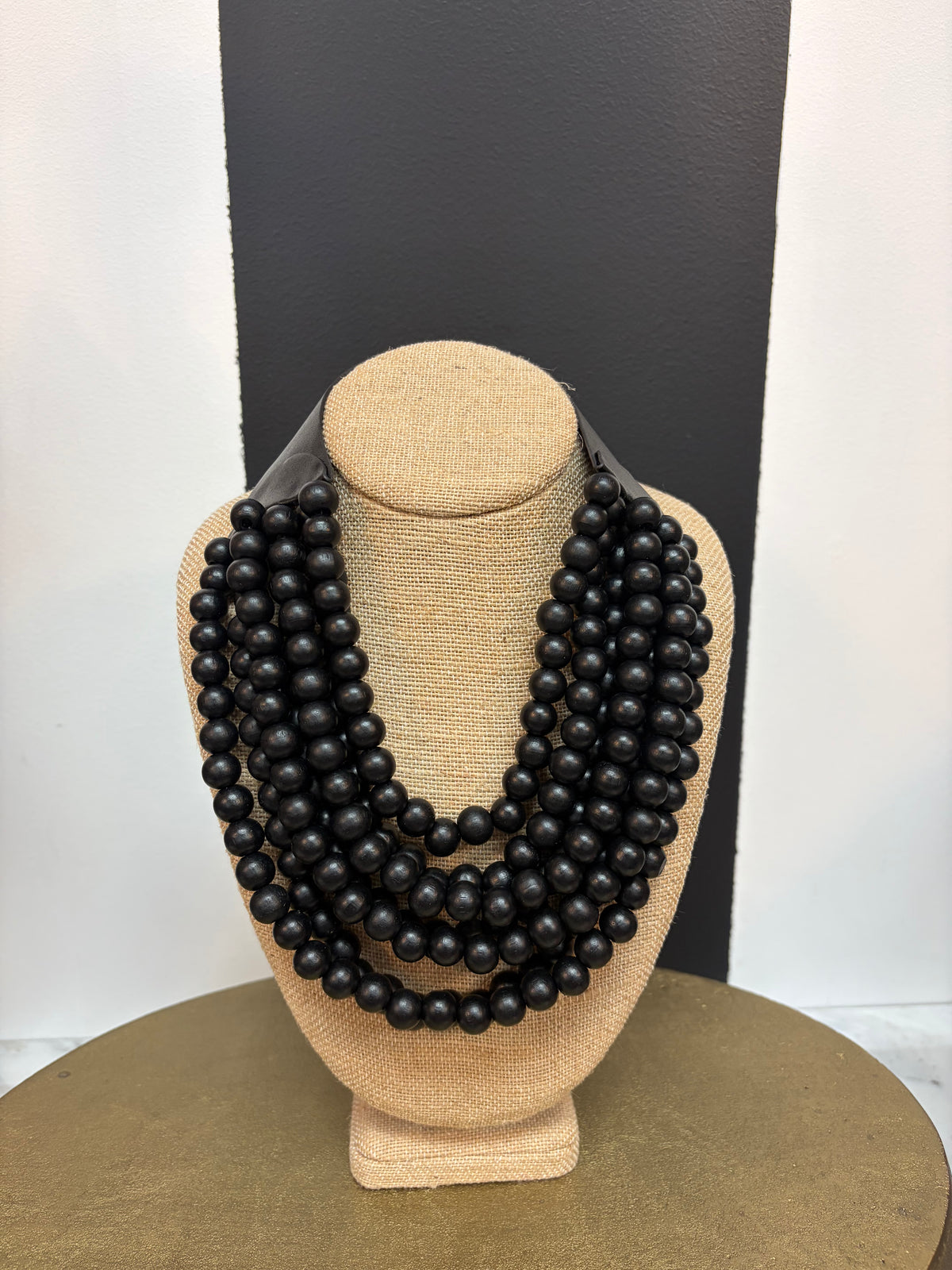 Black Wood Bead Multi Strand Bib Necklace