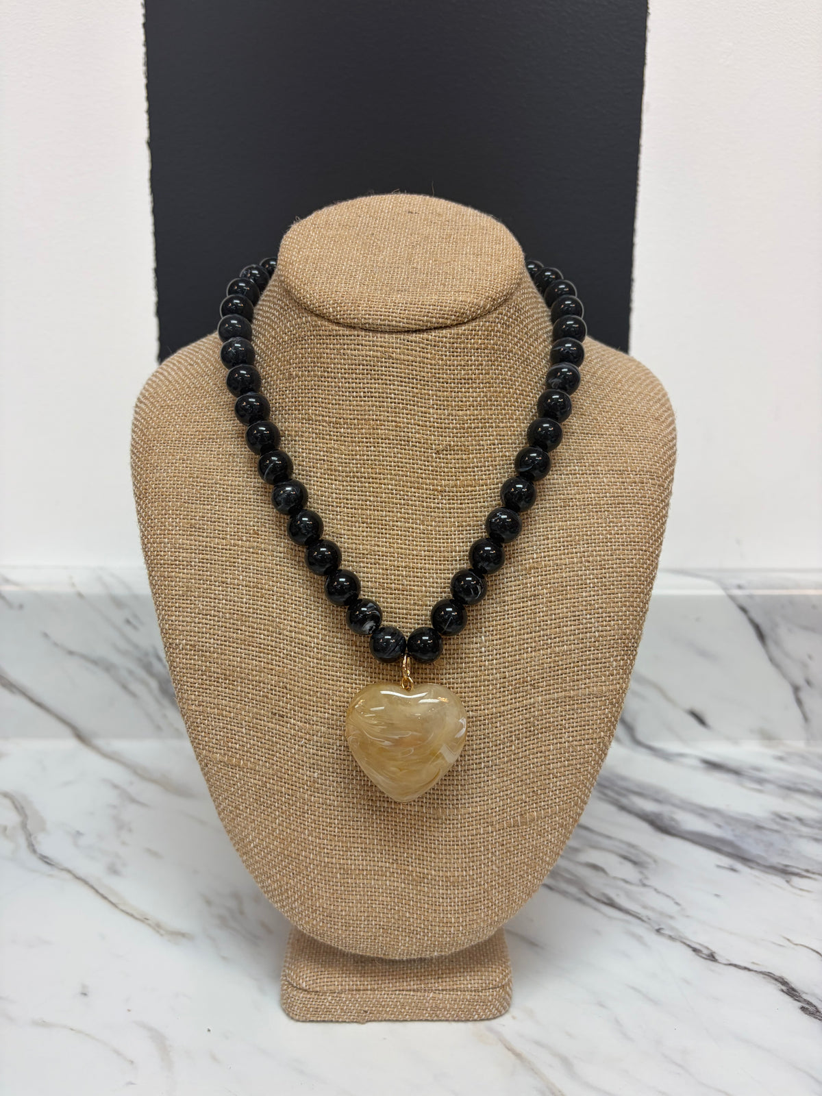 Black Bead Necklace w/ Natural Acrylic Heart