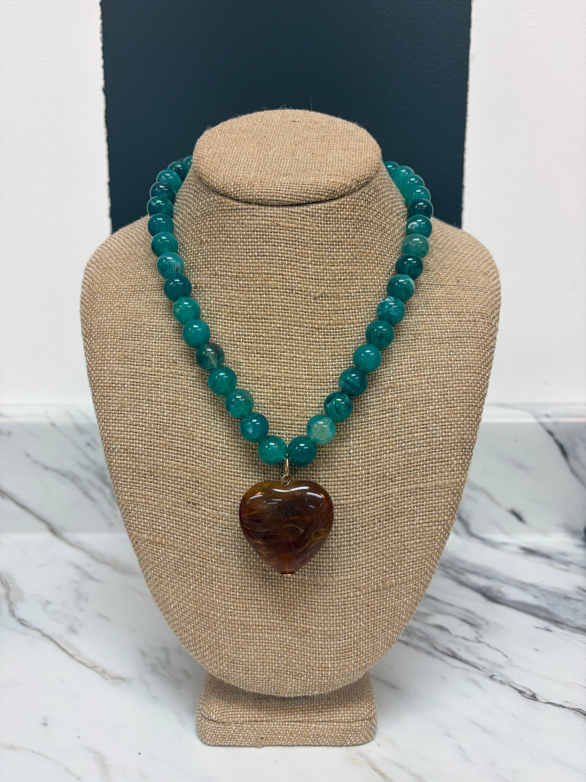 Turquoise Bead Necklace w/ Brown Acrylic Heart