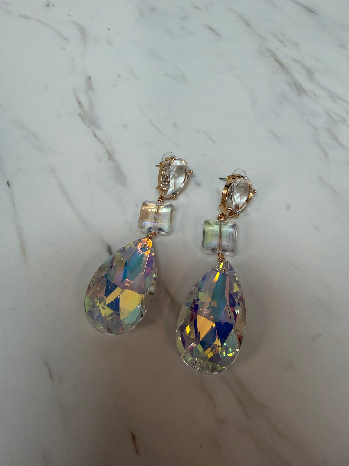 Clear Iridescent Linear Teardrop Square Earring