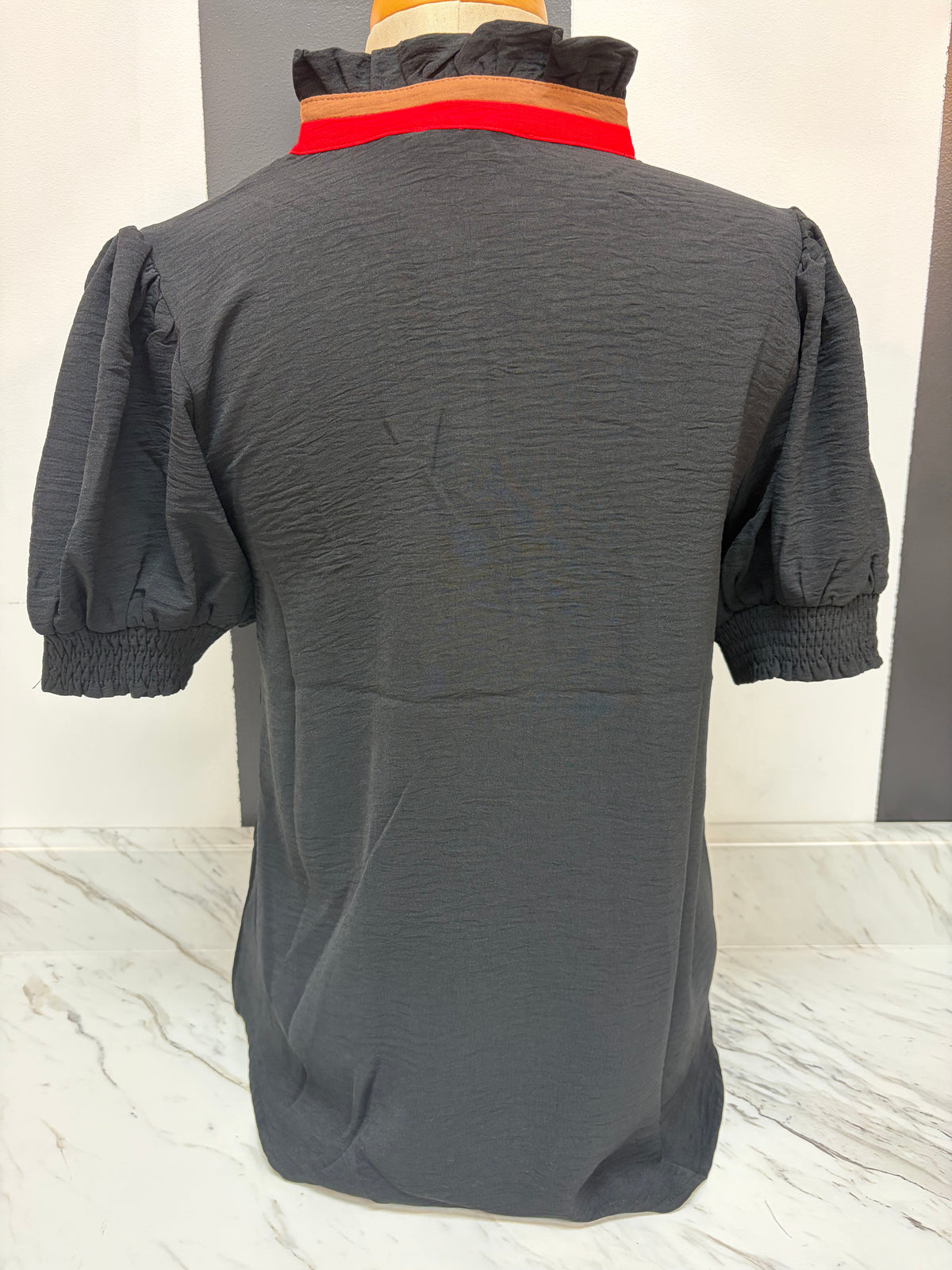 Black SS Vneck Top w/ Red & Brown Combo