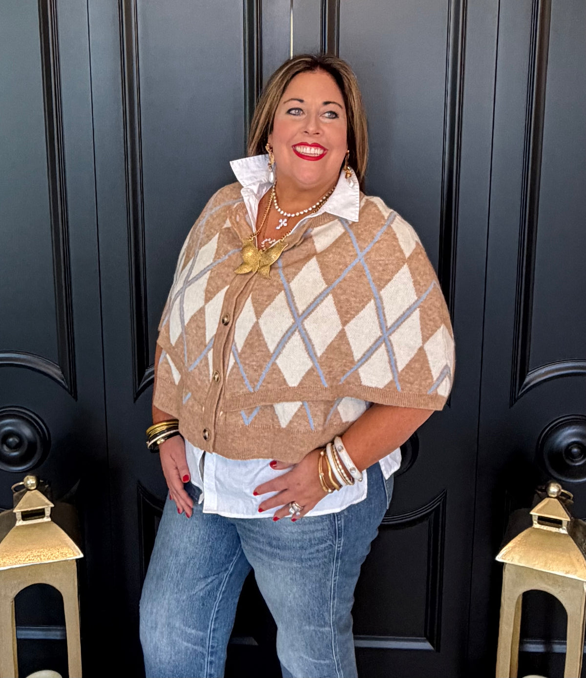 Beige Argyle Button Down Cape Cardigan