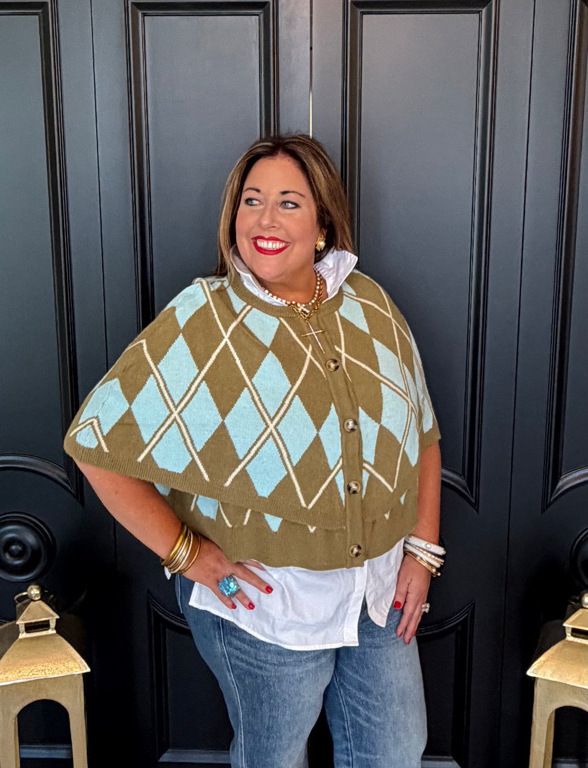 Sage Argyle Button Down Cape Cardigan
