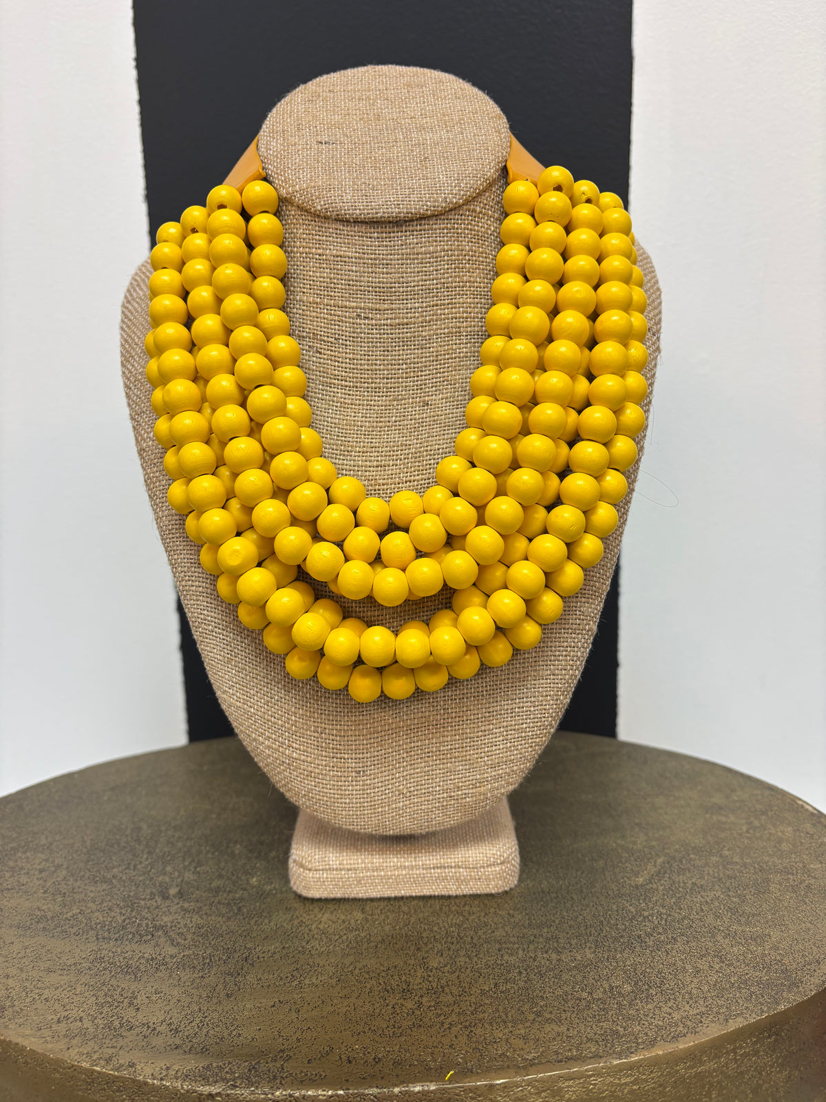 Yellow Wood Bead Multi Strand Bib Necklace
