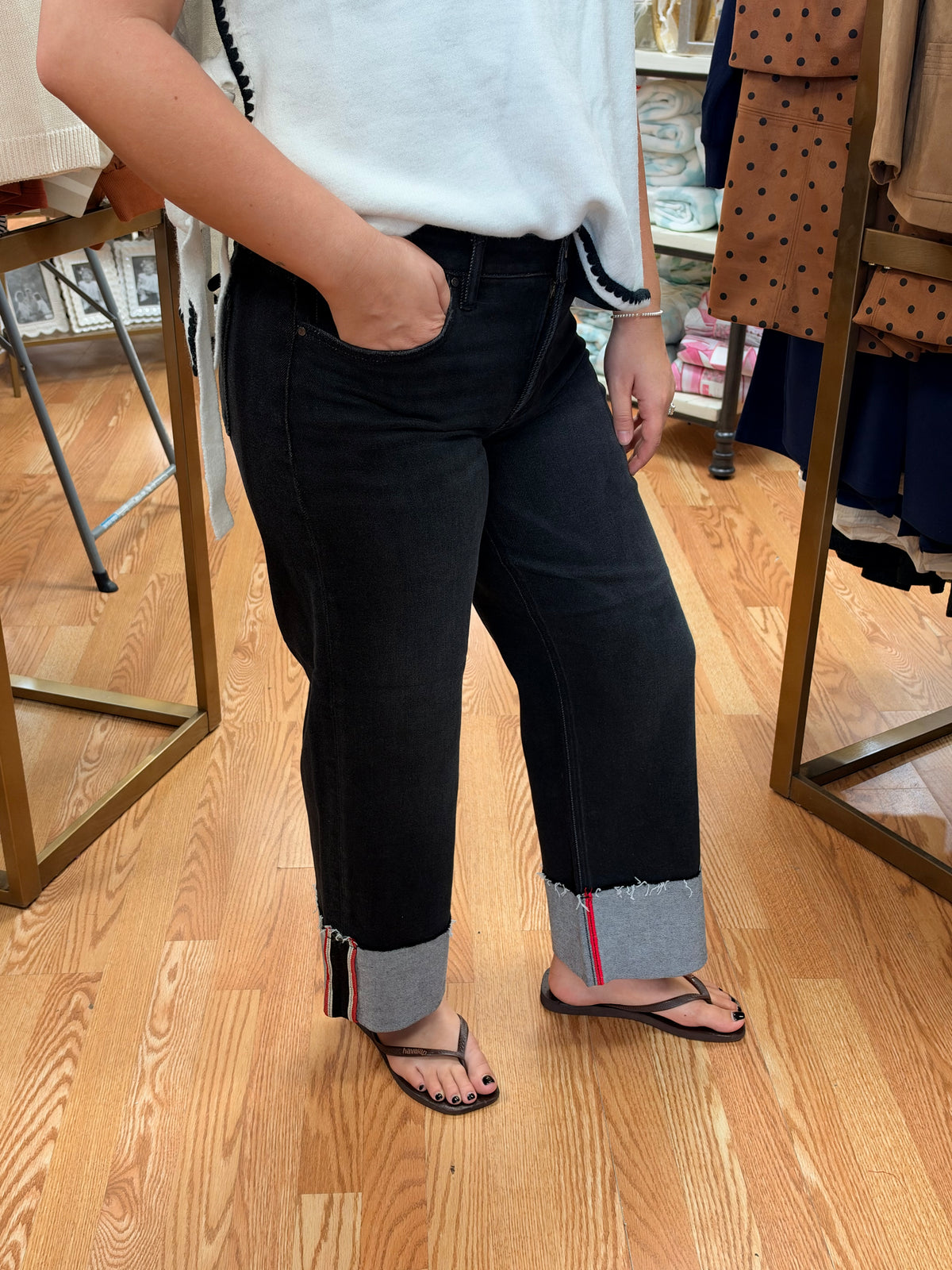 Black Mid Rise Crop Wide Cuffed Jean w/ Red