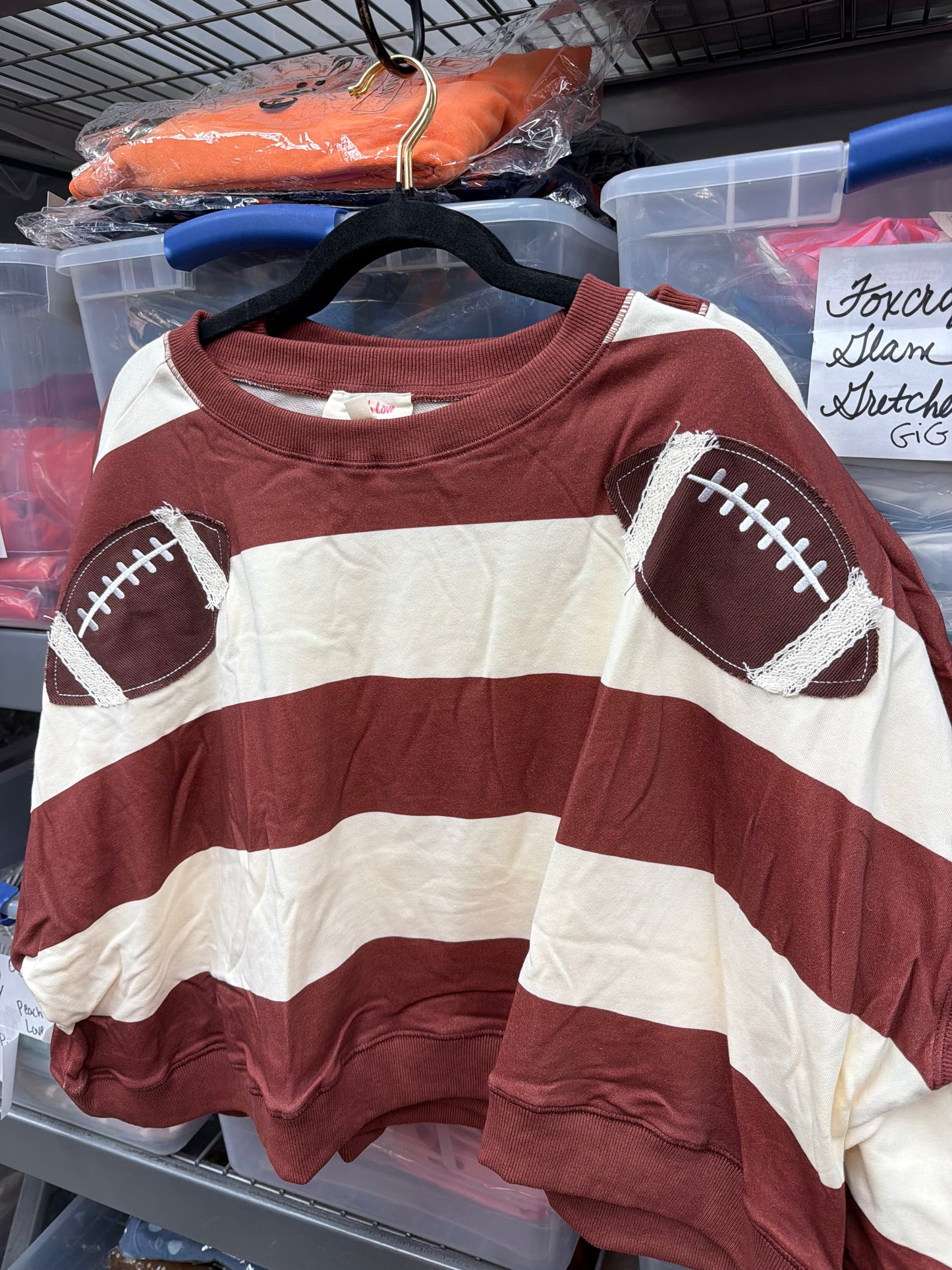 Football Patches w/ Stripe Dolman Sleeve Crop Sweatshirt