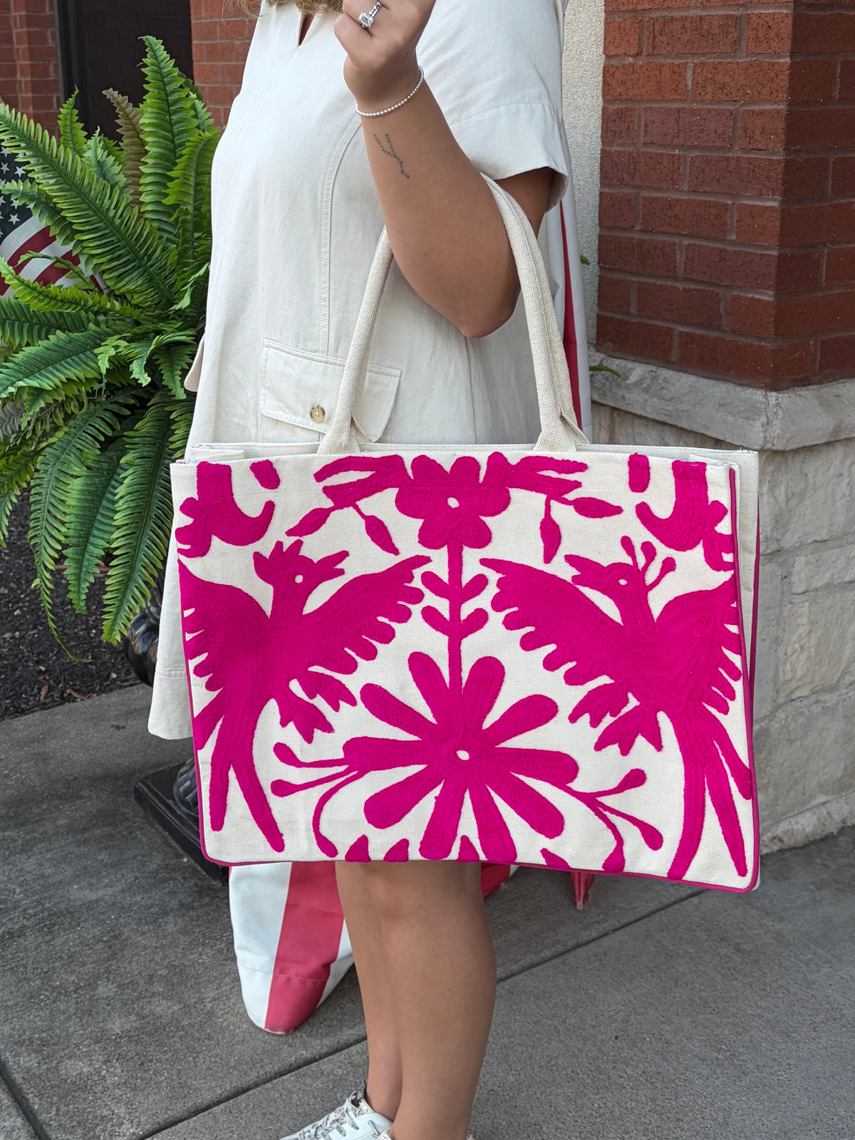 Magenta Flora Embroidered Tote