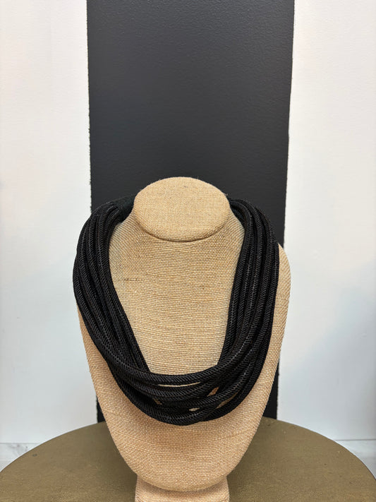 Black 8 Strand Fabric Wrap Bib Necklace