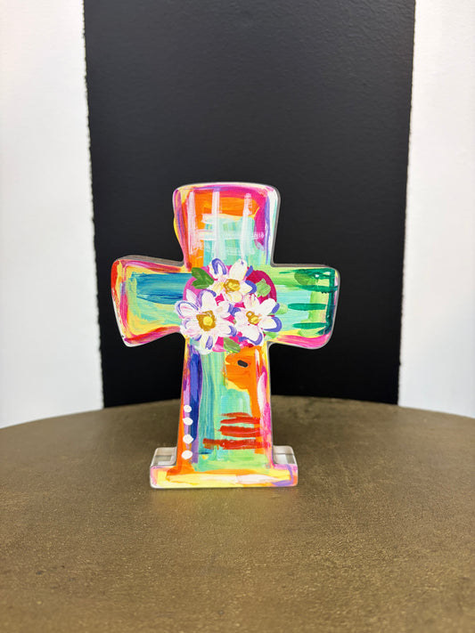 Acrylic Cross w/ White Flower