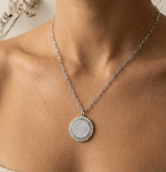 Silver Lord's Prayer w/ Rhinestone Halo Necklace