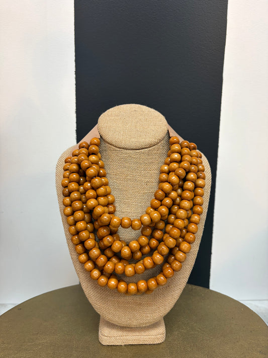 Brown Wood Bead Multi Strand Bib Necklace
