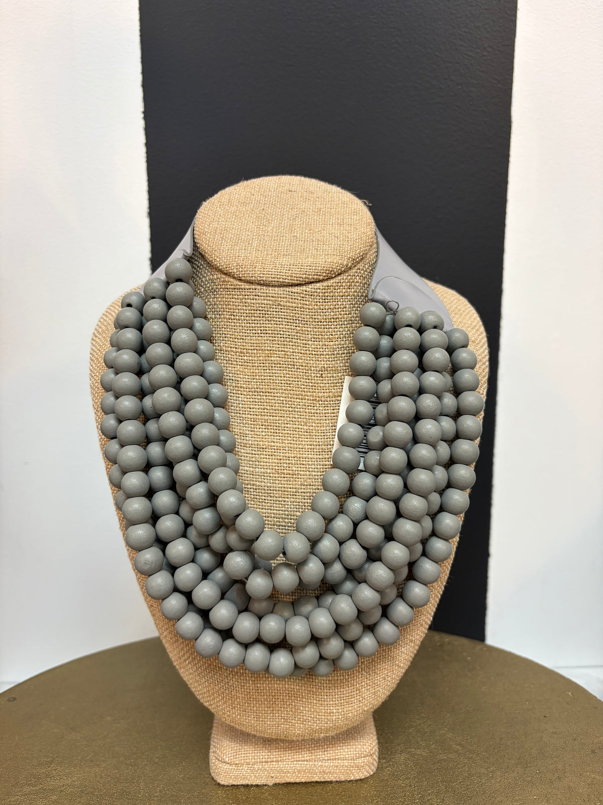 Grey Wood Bead Multi Strand Bib Necklace