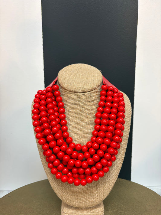 Red Wood Bead Multi Strand Bib Necklace