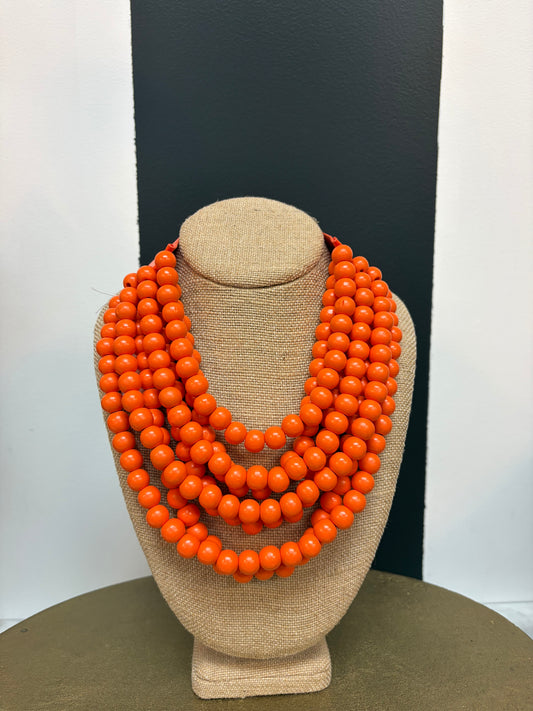 Orange Wood Bead Multi Strand Bib Necklace