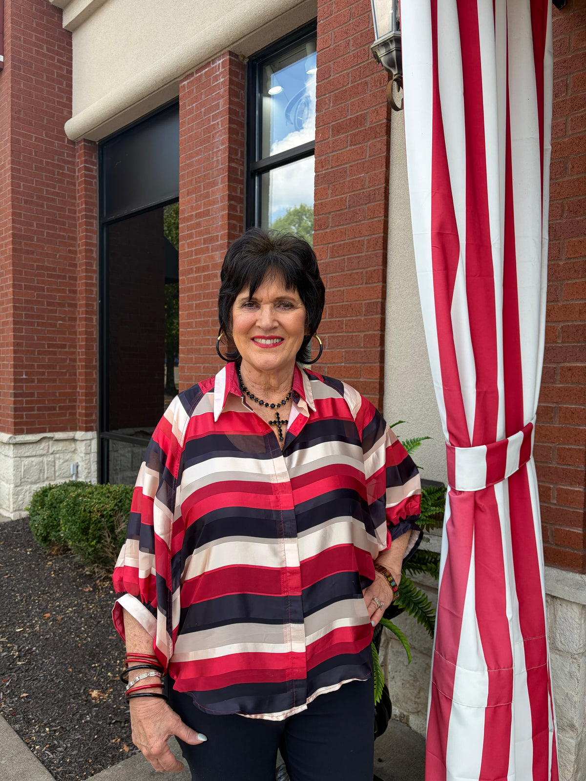 Red / Black Stripe Sheer Button Down Blouse
