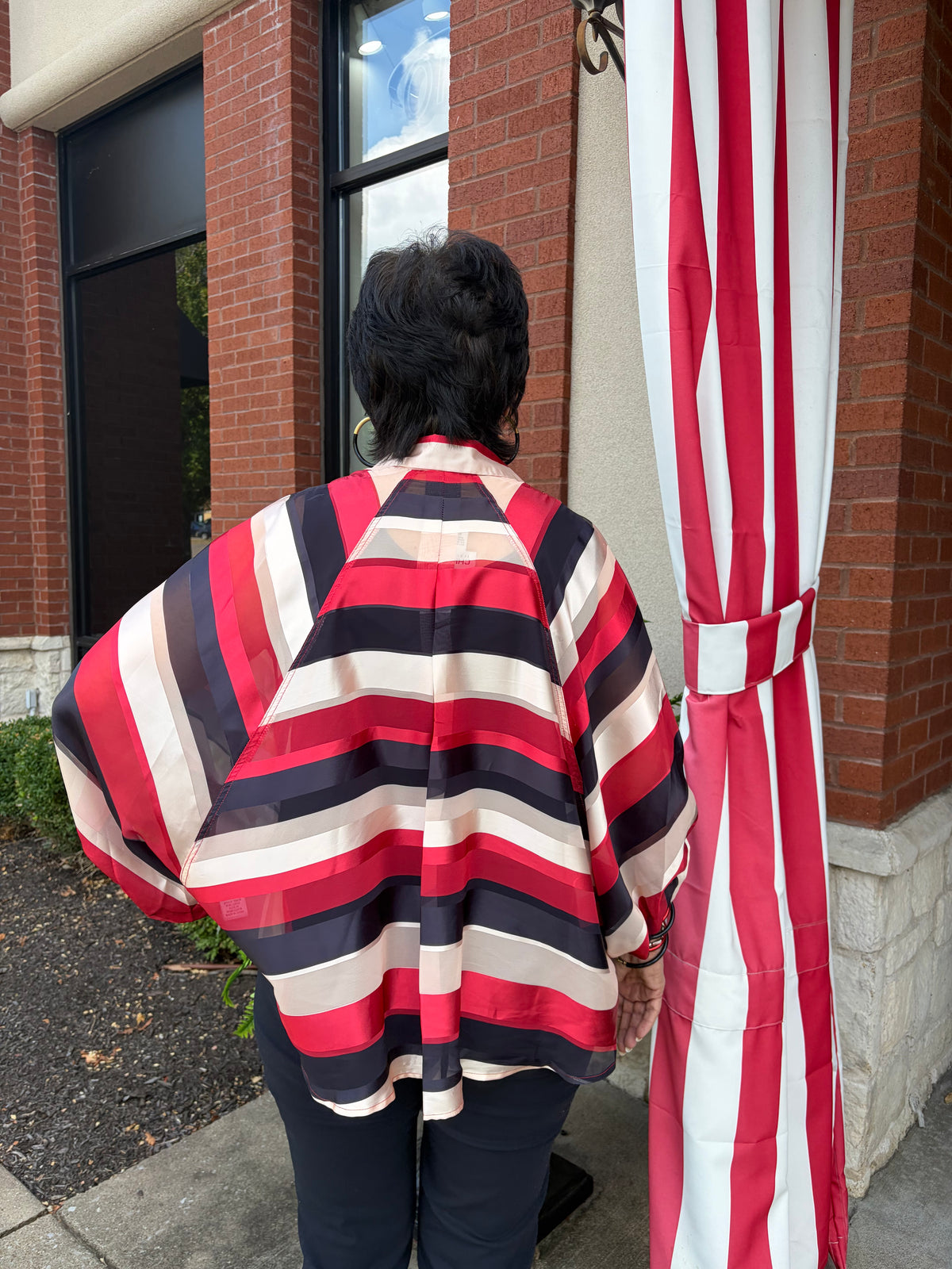 Red / Black Stripe Sheer Button Down Blouse