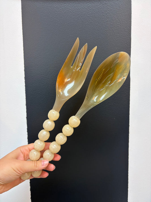 Natural Horn Salad Servers w/ Marbled Resin Handle