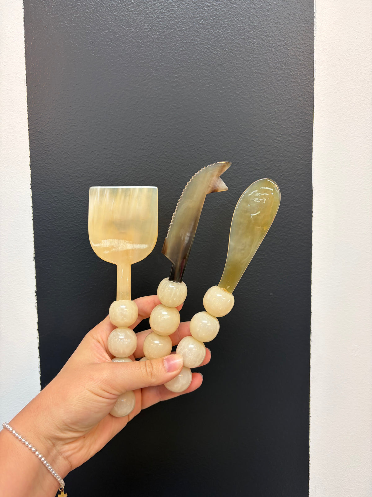 Natural Horn Cheese Knives w/ Marbled Resin Ball Handles