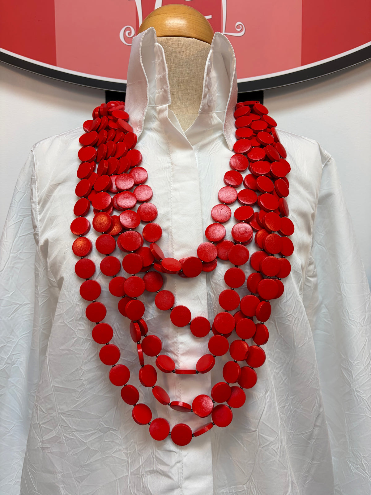 Red Wood Flat Disk Necklace