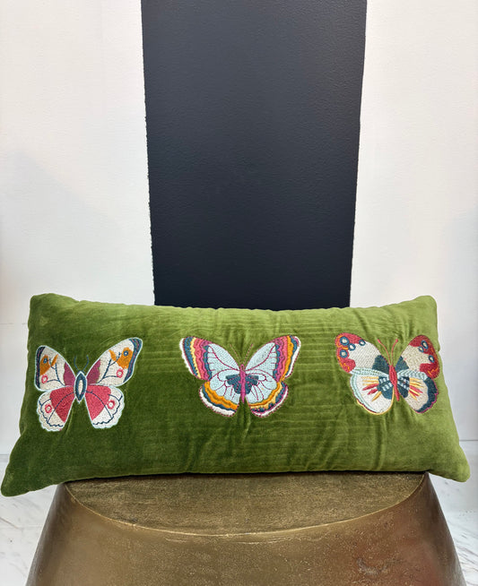 Butterfly Embroidered Velvet Lumbar Pillow