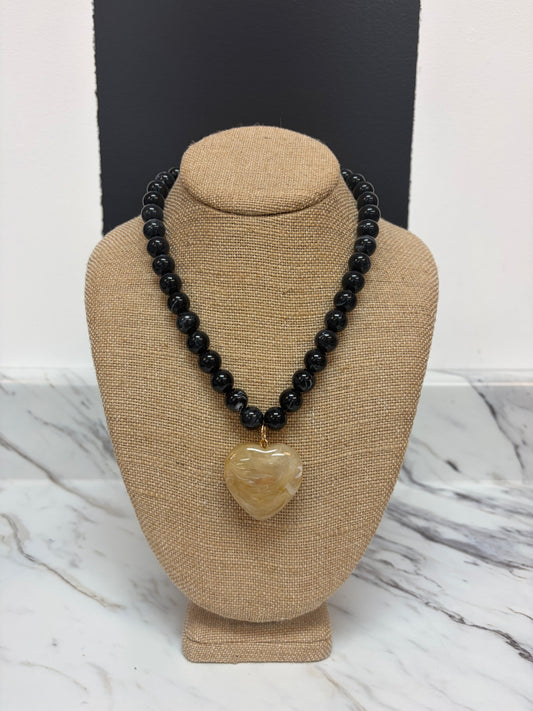 Black Bead Necklace w/ Natural Acrylic Heart