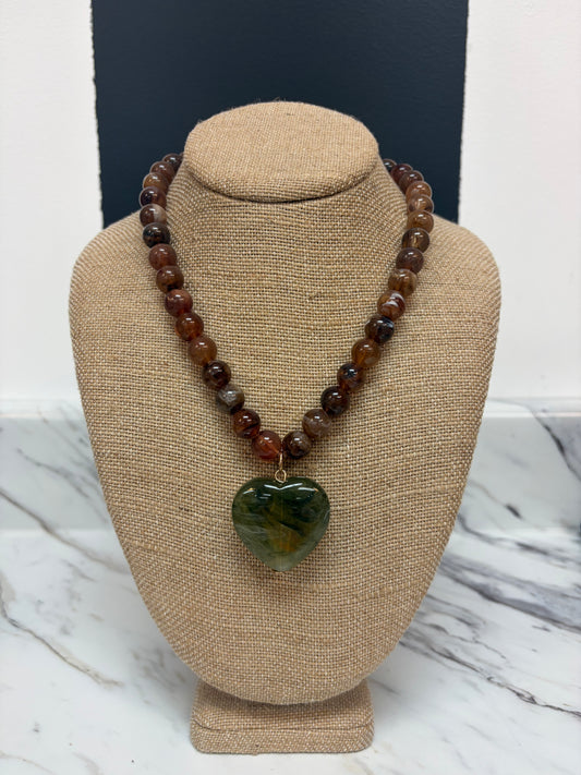 Brown Bead Necklace w/ Green Acrylic Heart
