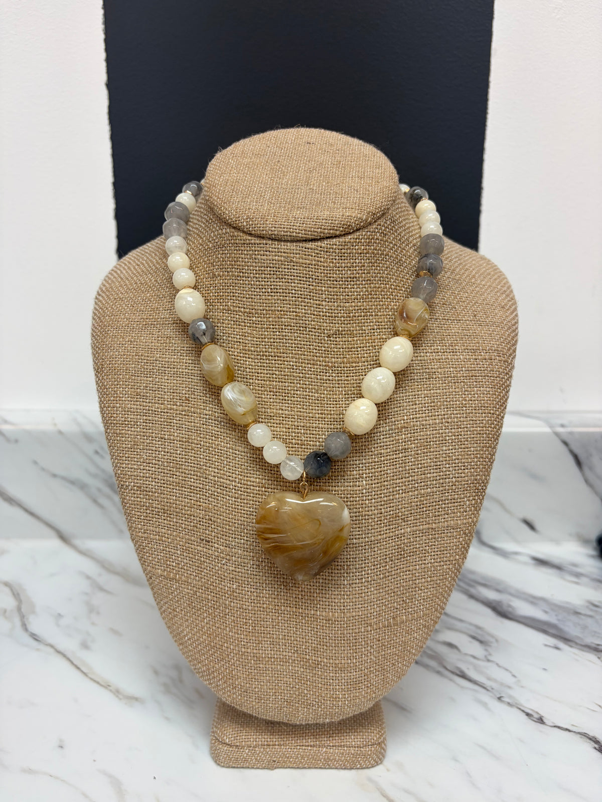Grey / White Beaded Necklace w/ Natural Charm