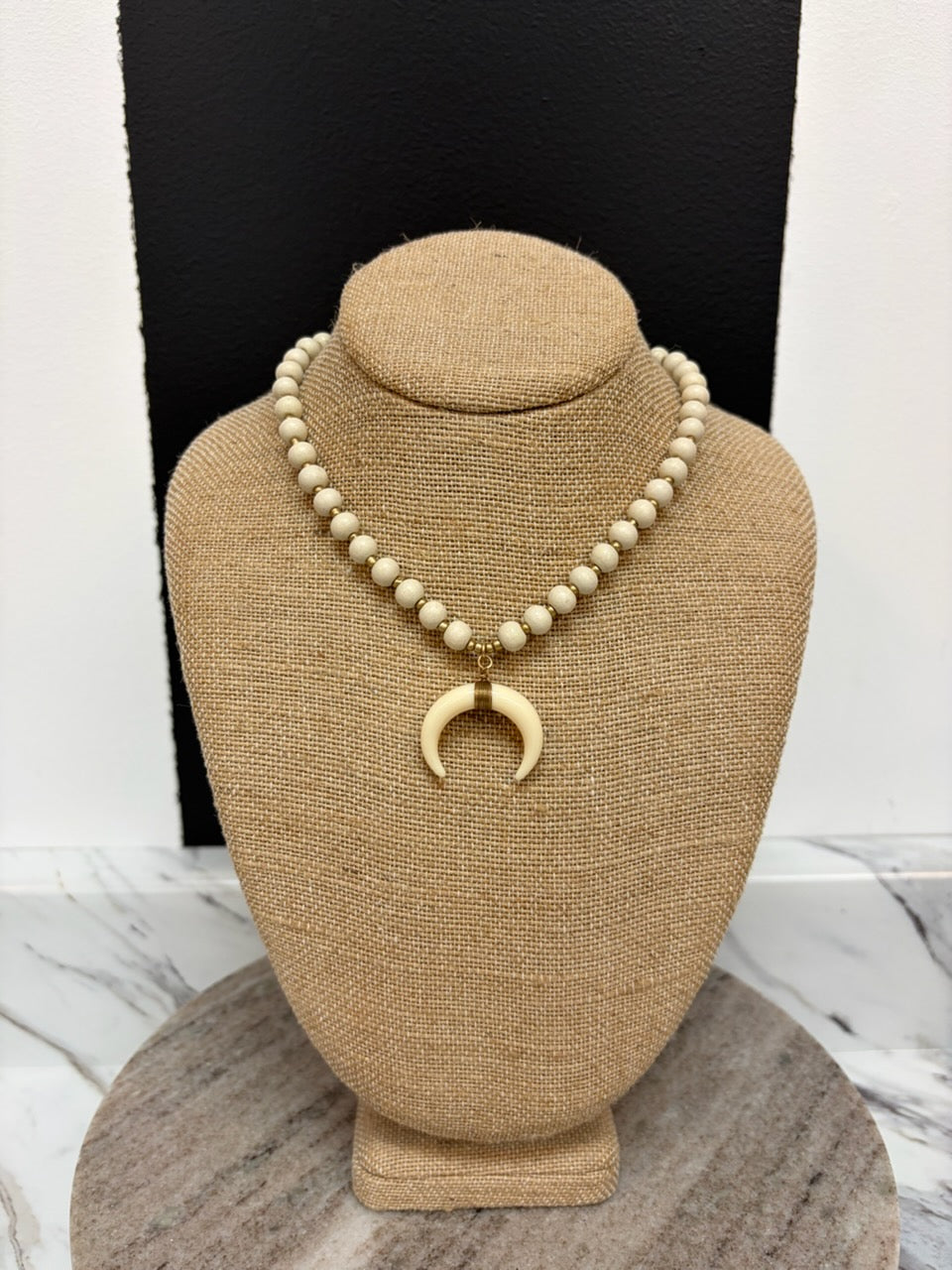 White / Ivory Wood Bead & Horn Necklace