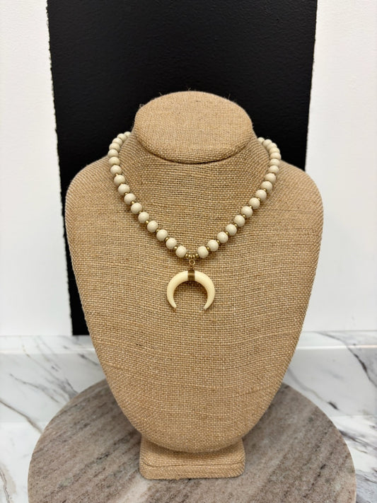 White / Ivory Wood Bead & Horn Necklace