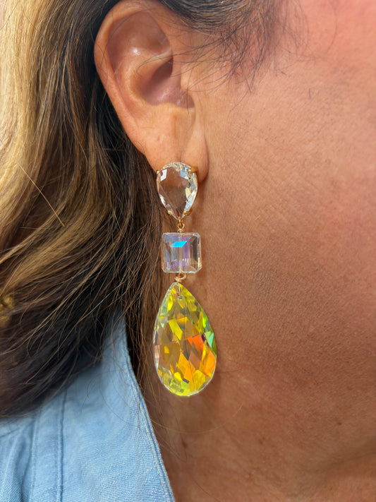 Clear Iridescent Linear Teardrop Square Earring