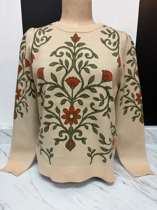 Taupe Sweater w/ Vine Design & Flower
