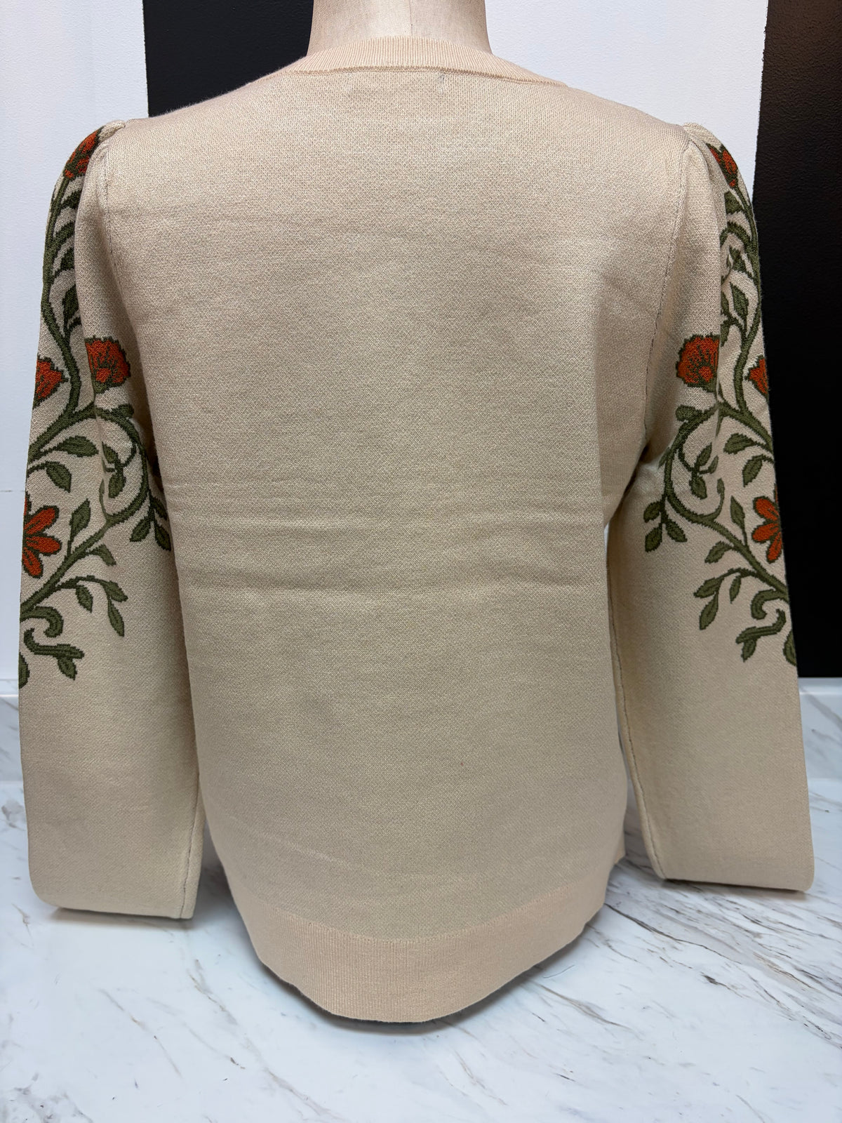 Taupe Sweater w/ Vine Design & Flower