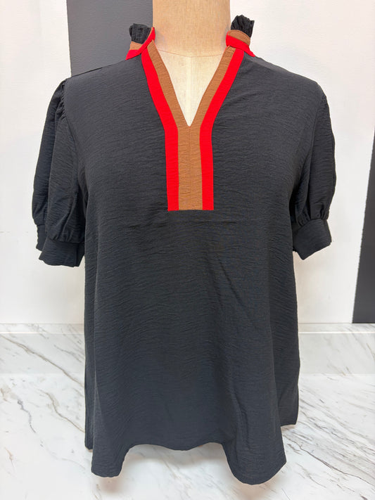 Black SS Vneck Top w/ Red & Brown Combo