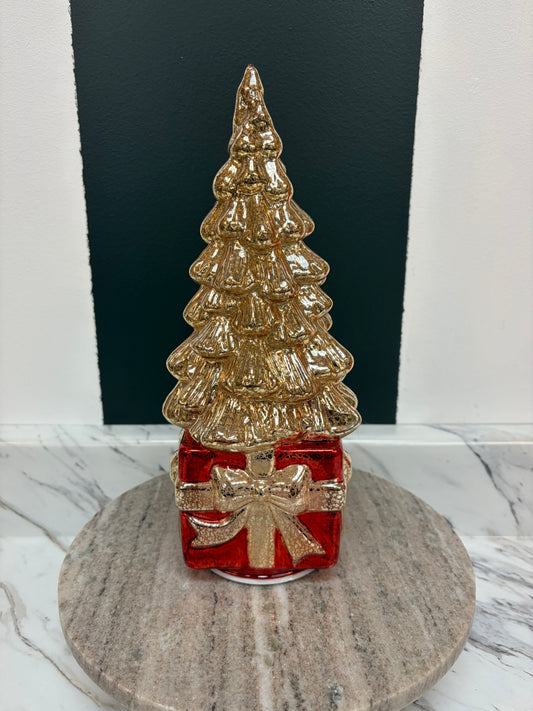 Rotating Tree on Present LED Gold on Red