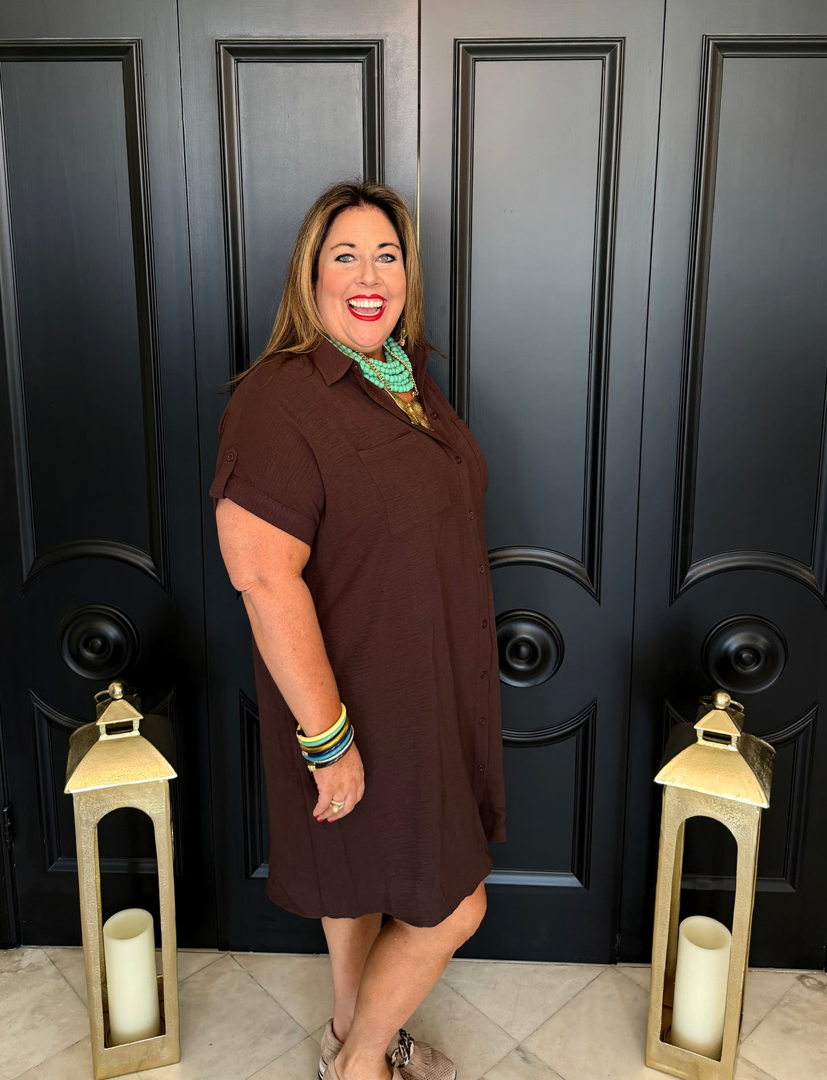 Brown Drop Shoulder Button Up Woven Shirt Dress