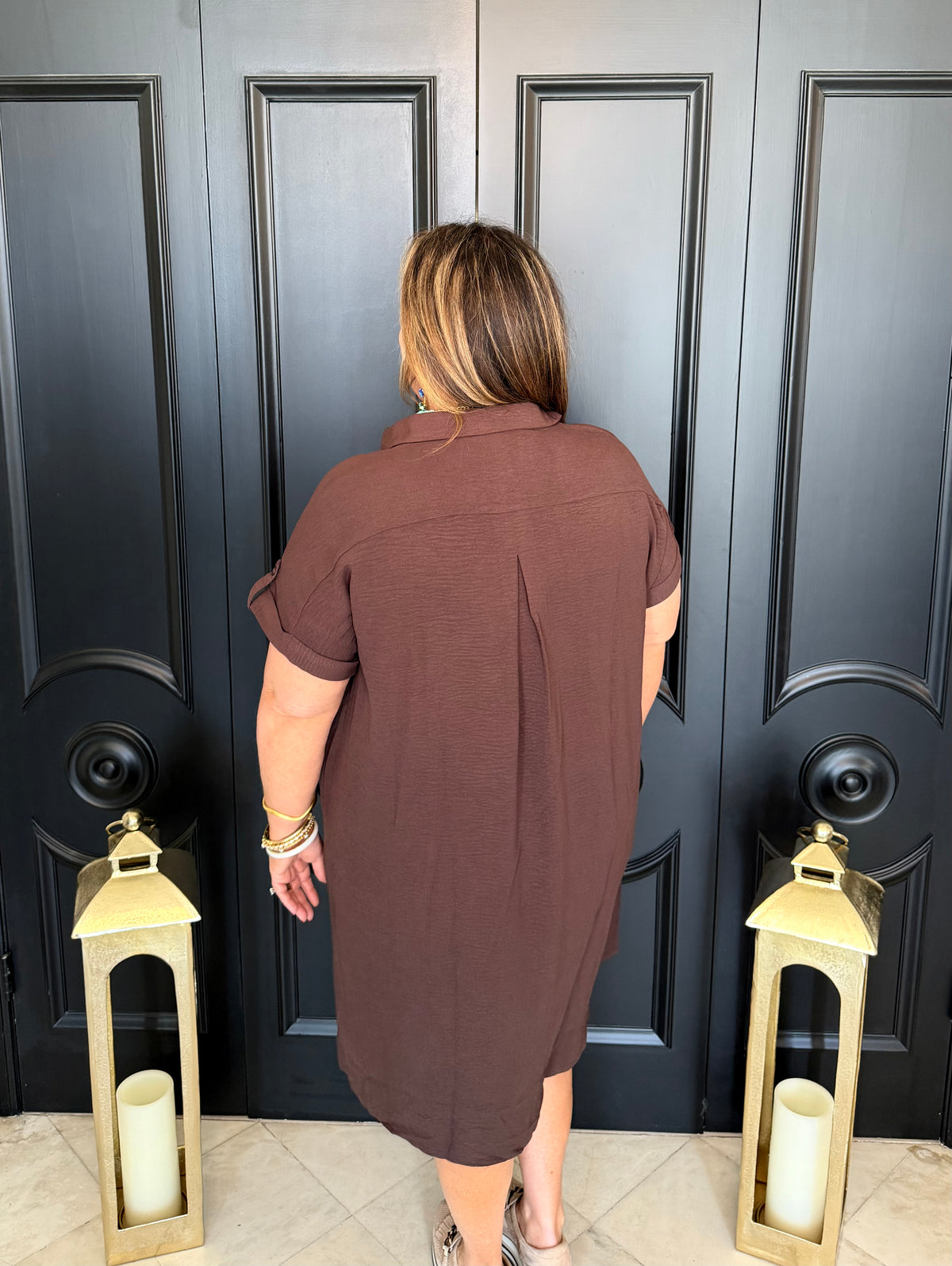 Brown Drop Shoulder Button Up Woven Shirt Dress