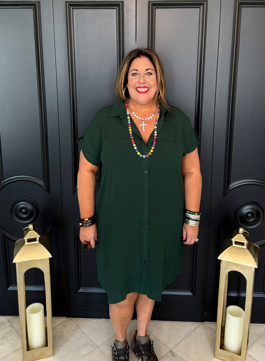 Sea Green Down Shoulder Button Up Woven Shirt Dress