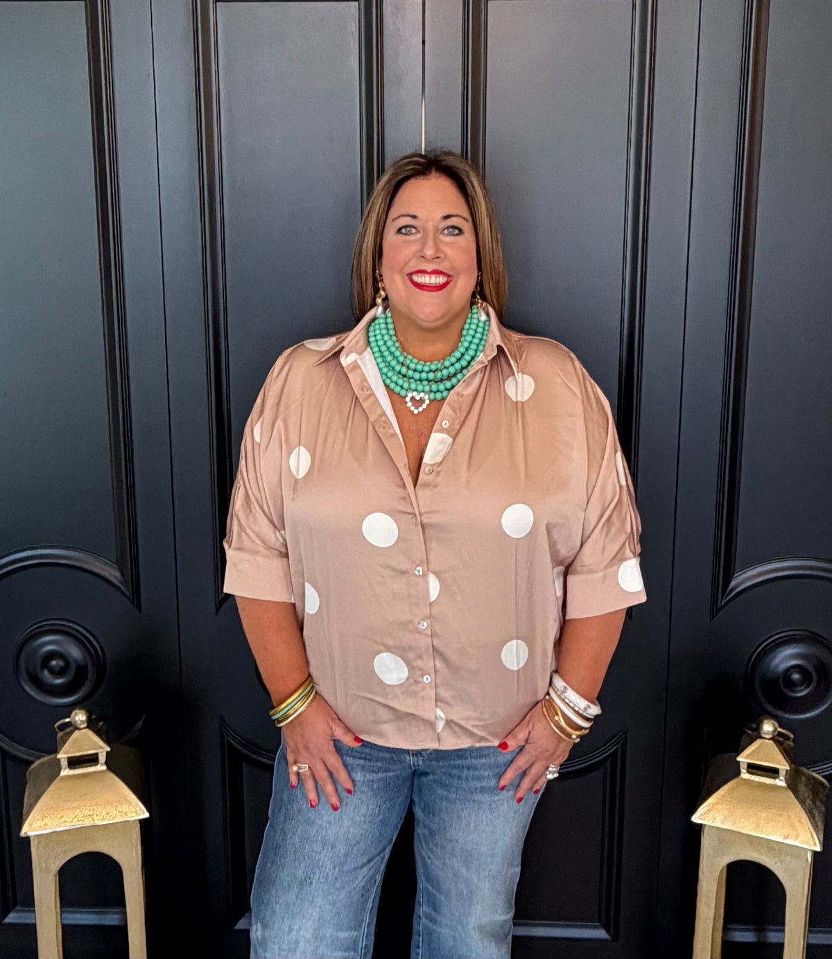 Taupe Polka Dot Button Down Cape Shirt