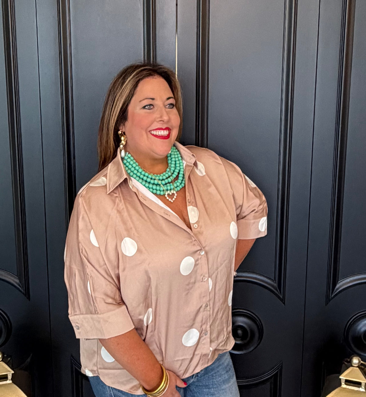 Taupe Polka Dot Button Down Cape Shirt