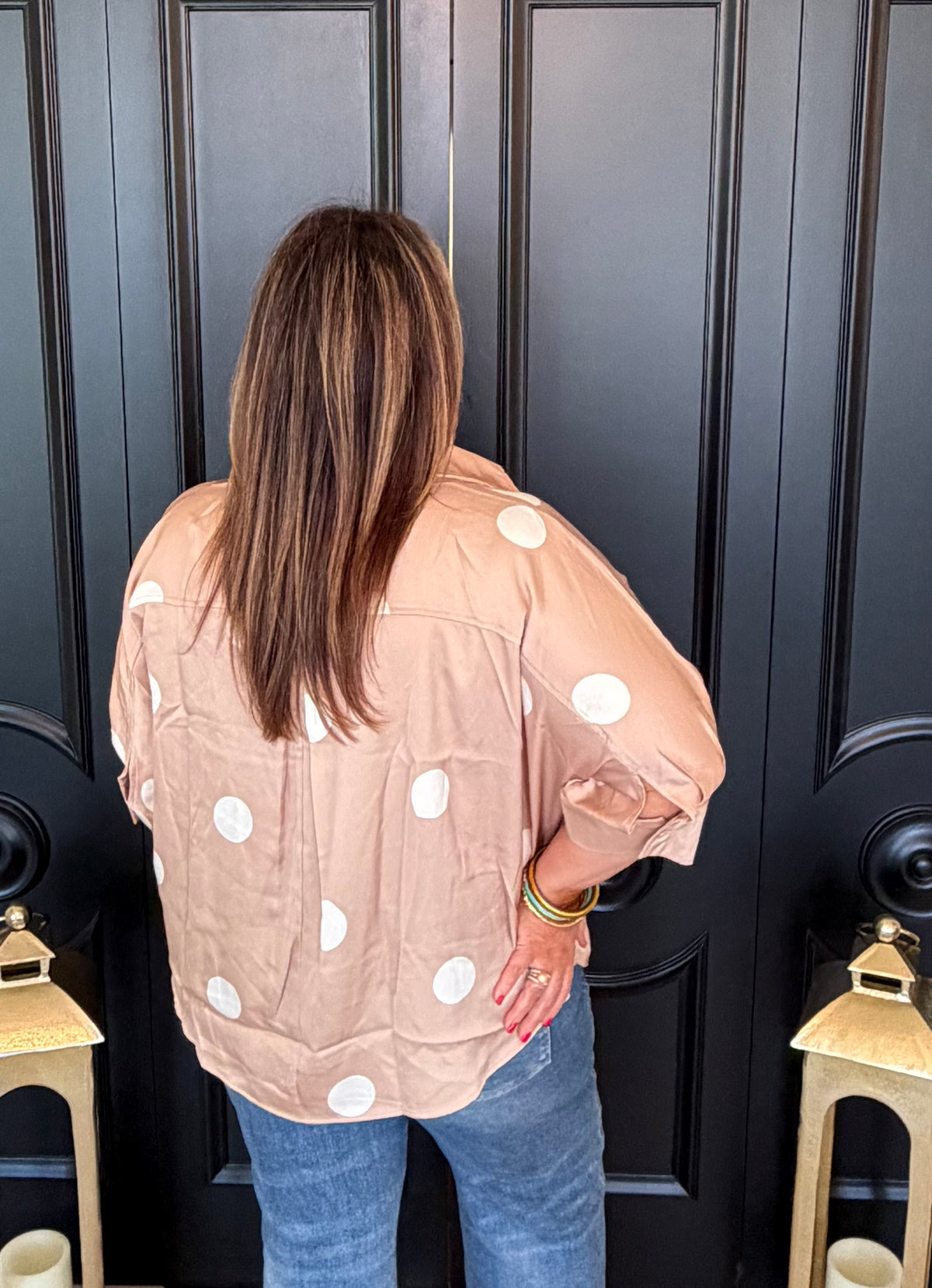 Taupe Polka Dot Button Down Cape Shirt
