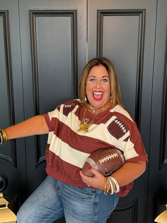 Football Patches w/ Stripe Dolman Sleeve Crop Sweatshirt