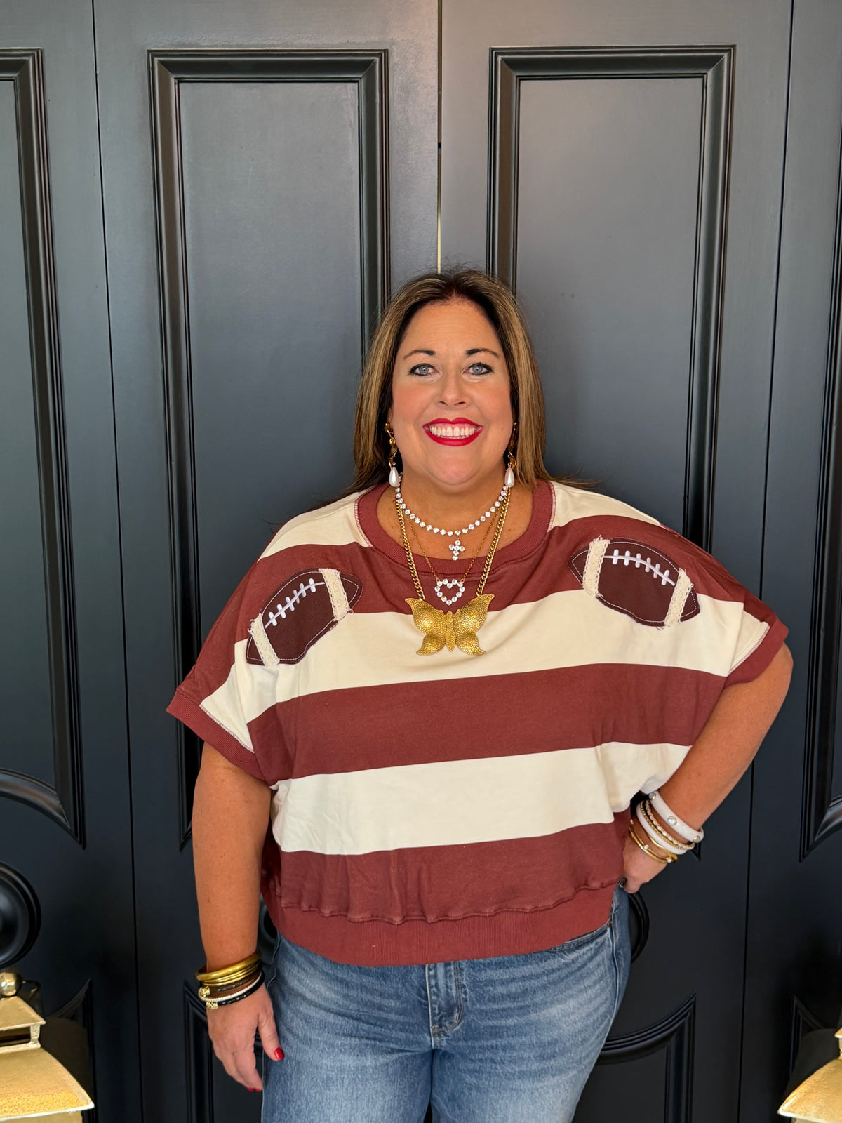 Football Patches w/ Stripe Dolman Sleeve Crop Sweatshirt