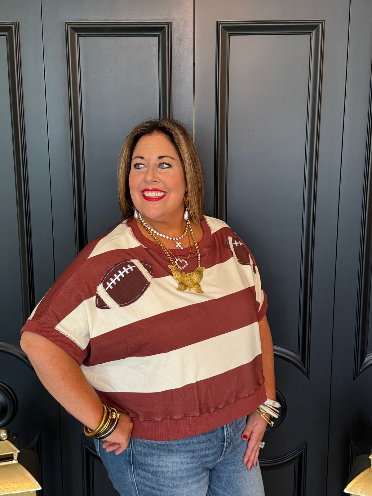 Football Patches w/ Stripe Dolman Sleeve Crop Sweatshirt