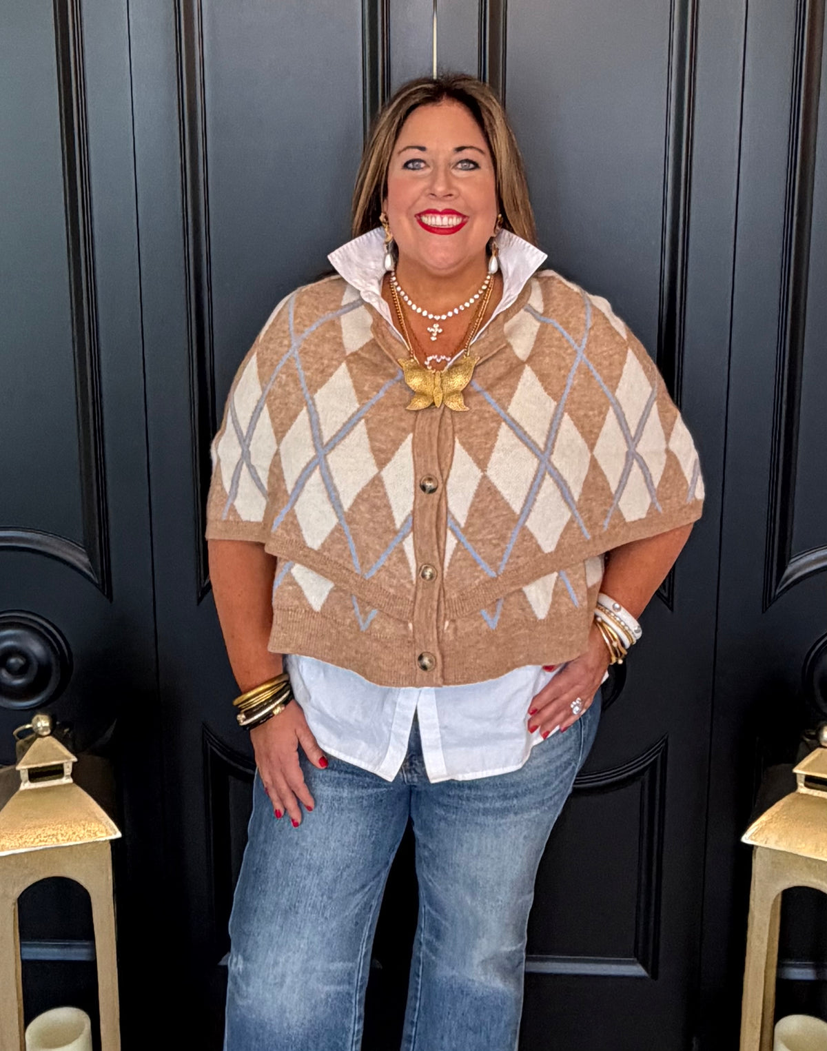 Beige Argyle Button Down Cape Cardigan