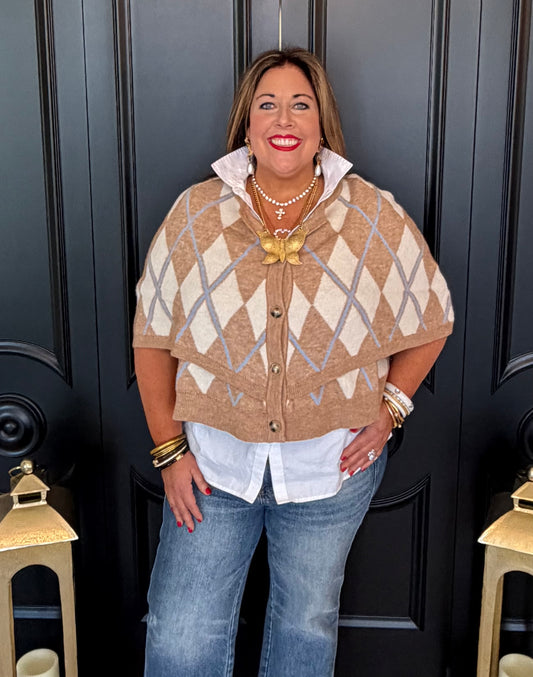 Beige Argyle Button Down Cape Cardigan