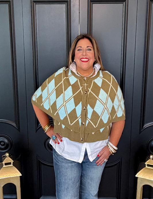 Sage Argyle Button Down Cape Cardigan
