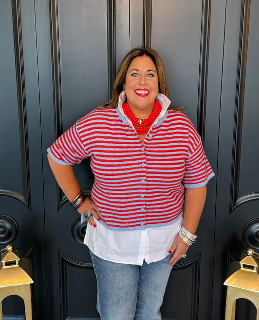 Red / Light Blue Stripe SS Cardigan