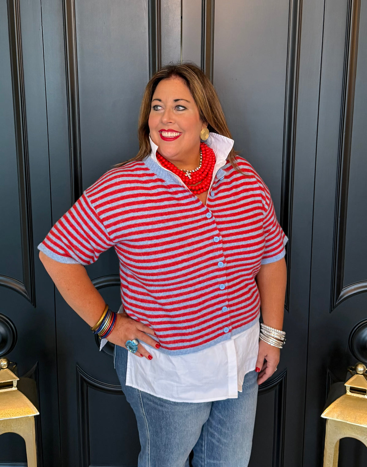 Red / Light Blue Stripe SS Cardigan